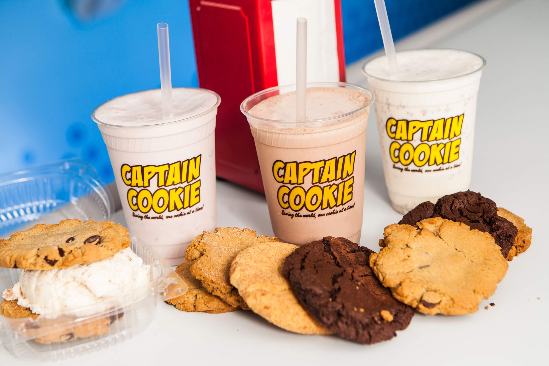 Assorted cookies and milkshakes